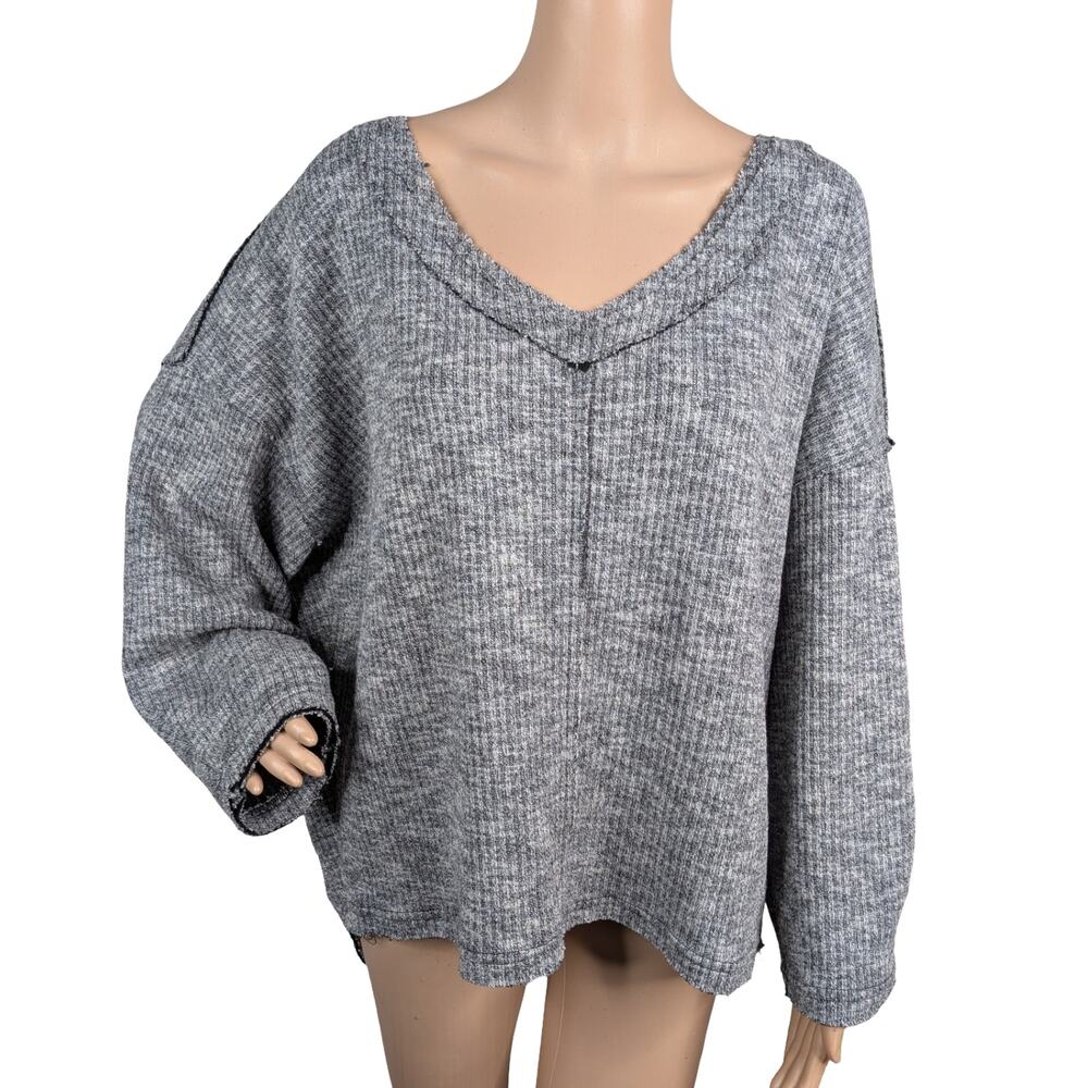 POL Clothing Gray Space Dye Oversized Sweater S| V-Neck Thick Knit Raw Hem
